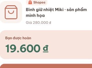 Kết quả kiểm tra mobile Miki với sản phẩm Shopee minh họa và số tiền được hoàn