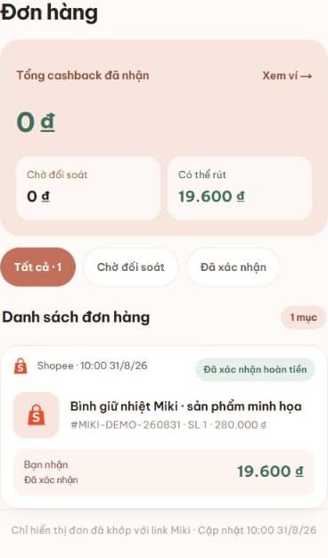 Trang Đơn hàng mobile Miki với số dư Có thể rút và một đơn đã xác nhận hoàn tiền