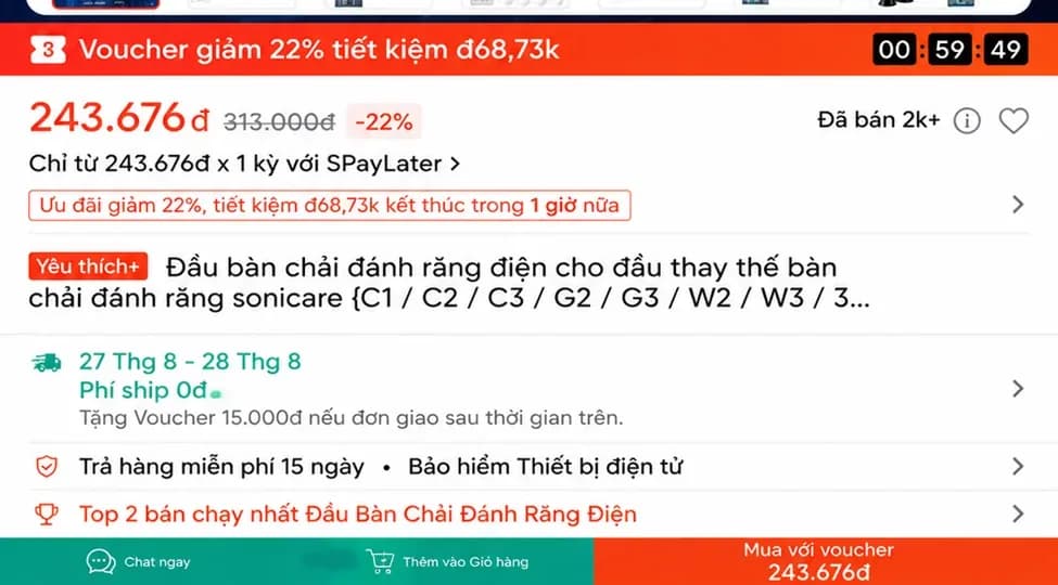 Giao diện sản phẩm Shopee mobile với khu vực voucher và nút Mua với voucher ở cuối màn hình